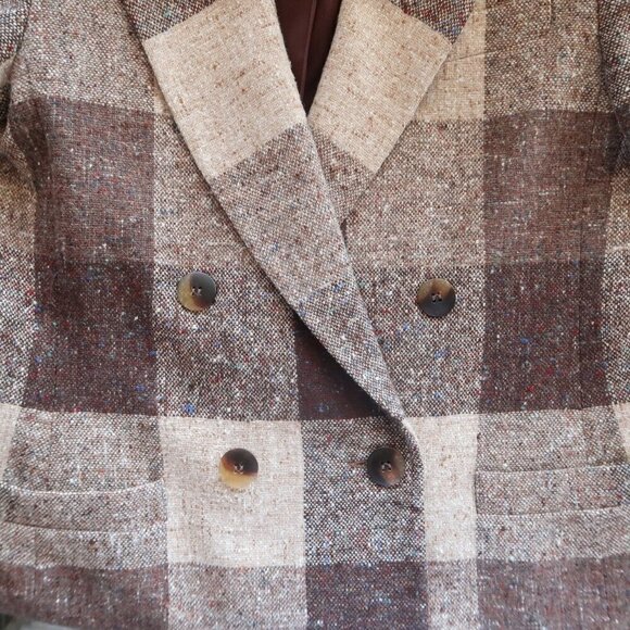 Oleg Cassini Brown & Beige Wool Plaid Checkered Speckled Single Breasted Blazer - Picture 12 of 13